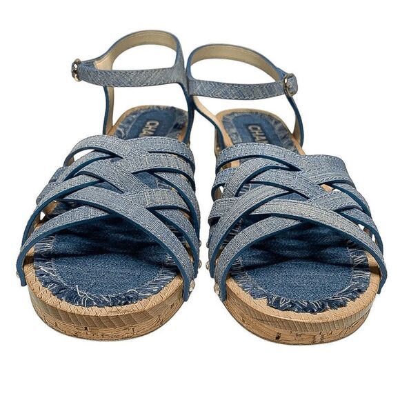 Chanel Fantasy Blue Calf Leather CC Logo Wooden Platform Sandals EU 38 US 7-7.5 - Picture 3 of 11